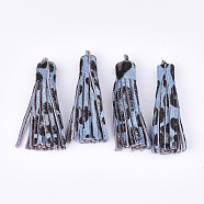 Eco-Friendly Cowhide Leather Tassel Big Pendants, Leopard Print Pattern, Light Sky Blue, 59x9mm, Hole: 1.5mm(X-FIND-S301-36B)