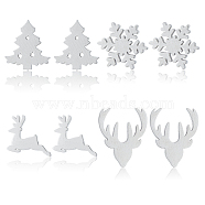 ANATTASOUL 4 Pairs 4 Style Christmas Tree & Deer & Snowflake Exquisite Titanium Steel Stud Earrings for Women, Stainless Steel Color, 8~12.5x9~10mm, Pin: 0.6mm, 1 Pair/style(EJEW-AN0002-38)
