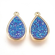 Resin Imitation Druzy Crystal Pendants, with Brass Findings, teardrop, Golden, Royal Blue, 16.5x10.5x4~5mm, Hole: 1mm(KK-O101-A05)