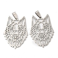 201 Stainless Steel Pendants, Laser Cut, Hollow, Wolf Head Charm, Stainless Steel Color, 43x30.5x1mm, Hole: 9x4mm(STAS-Q245-01P)