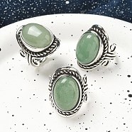 Natural Green Aventurine Adjustable Rings, Lead Free & Cadmium Free, Antique Silver Plated Brass Finger Rings for Women, Oval, 27mm, Inner Diameter: 17mm(RJEW-I108-01AS-02)