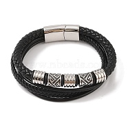 Braided Microfiber Leather Multi-strand Bracelets, 304 Stainless Steel Column Bracelets for Men, Black, 8-5/8 inch(22cm)(BJEW-B096-07D)