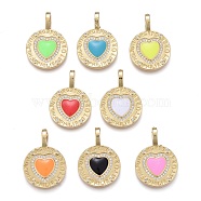 Valentine's Day Brass Micro Pave Cubic Zirconia Pendants, with Enamel, Long-Lasting Plated, Real 18K Gold Plated, Flat Round with Heart, Mixed Color, 28x19x4mm, Hole: 4x6.5mm(ZIRC-M108-19-G)