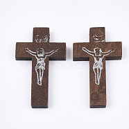 Printed Wooden Pendants, Crucifix Cross, For Easter, Dyed, Coconut Brown, 41.5~42.5x23.5~24.5x4.5mm, Hole: 2mm(WOOD-S050-35B-04)