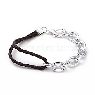 Fashion Braided Bracelets, with PU Leather Cord, Aluminium Chains and Alloy Lobster Claw Clasps, Saddle Brown, 195mm(BJEW-JB00848-09)