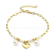 Vacuum Plating 304 Stainless Steel Heart Charm Bracelet, with Plastic Pearl Beaded for Girl Women, Golden, 8-1/4 inch(20.8cm)(BJEW-Z016-06G)