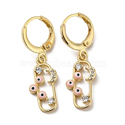 Real 18K Gold Plated Brass Dangle Leverback Earrings, with Enamel and Cubic Zirconia, Evil Eye & Moon, Pearl Pink, 31.5x9mm(EJEW-A033-23G-03)