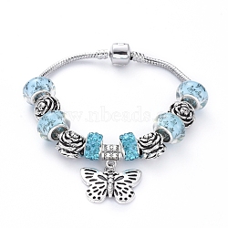 Brass European Style Bracelets, with Acrylic and Polymer Clay Rhinestone European Beads, Alloy Rose Beads and Butterfly Pendants , Light Sky Blue, 7-1/4 inch(18.5cm)(BJEW-JB05136-03)