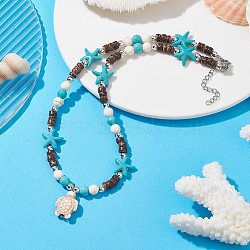 Synthetic Turquoise Tortoise Pendant Necklaces, with Starfish & Natural Coconut Beaded Chains, Beige, 15.35 inch(39cm)(NJEW-JN04573-01)