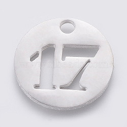 304 Stainless Steel Pendants, Cut-Out, Hollow, Flat Round with Number, Stainless Steel Color, Num.17, 19x1.5mm, Hole: 2.5mm(STAS-F233-17-P)