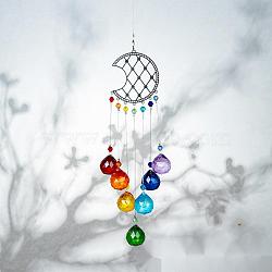 Crystals Chandelier Suncatchers Prisms Chakra Hanging Pendant, with Iron Cable Chains & Links, Glass Beads and Rhinestone, Moon, Platinum, 445mm(AJEW-Q142-02)