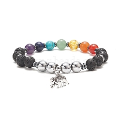 Chakra Theme Gemstone & Natural Lava Rock & Synthetic Hematite Beaded Stretch Bracelets for Women, Alloy Elephant Charms Bracelets, Inner Diameter: 2-1/4 inch(5.6cm)(BJEW-JB09278-01)