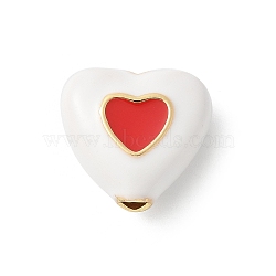 Brass Enamel Beads, Flat Heart, Rack Plating, Cadmium Free & Lead Free, Long-Lasting Plated, Real 18K Gold Plated, White, 11.5x12.5x5.5mm, Hole: 1.8mm(KK-P294-51G-02)