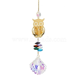 Hollow Alloy Hanging Ornaments, Colorful Glass Octagon Beads & Fan Tassel for Home Garden Decorations, Owl, 345mm, pendant: 173x35mm(HJEW-Q012-07E)