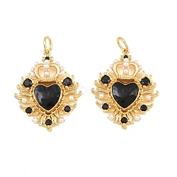 Brass Micro Pave Black Cubic Zirconia Pendants, with Black Enamel & ABS Plastic Imitation Pearl, Heart with Crown Charms, Cadmium Free & Lead Free, Rack Plating, Long-Lasting Plated, Real 18K Gold Plated, 23.5x19x5.5mm, Hole: 3mm(CU-CBAB99C-02B)