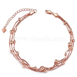 SHEGRACE 925 Sterling Silver Multi-strand Anklet, Box Chain with Beads, with S925 Stamp, Rose Gold, 8-1/4 inch(21cm)(JA87B)