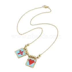 Rectangle with Cross & Heart Glass Seed Beaded Pendant Necklace, Golden 304 Stainless Steel Jewelry for Women, Red, 17.68 inch(44.9cm)(NJEW-MZ00015-02)