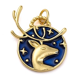 Brass Enamel Pendants, with Jump Ring, Real 18K Gold Plated, Flat Round with Sun & Deer Charm, Deer, 22.5x18x2.5mm, Hole: 3.4mm(KK-K339-04B-G)