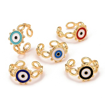 Real 18K Gold Plated Brass Cuff Ring, Enamel Flat Round with Evil Eye Lucky Protection Open Ring for Women, Lead Free & Cadmium Free & Nickel Free, Mixed Color, US Size 7 3/4(17.9mm)