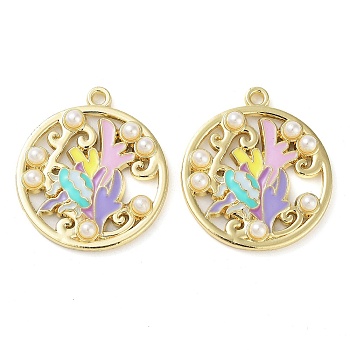 Rack Plating Alloy Enamel Pendants, with ABS Imitation Pearl, Golden, Flat Round Charm, Jellyfish, 29x26x4mm, Hole: 2mm