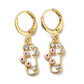 Real 18K Gold Plated Brass Dangle Leverback Earrings, with Enamel and Cubic Zirconia, Evil Eye & Moon, Pearl Pink, 31.5x9mm