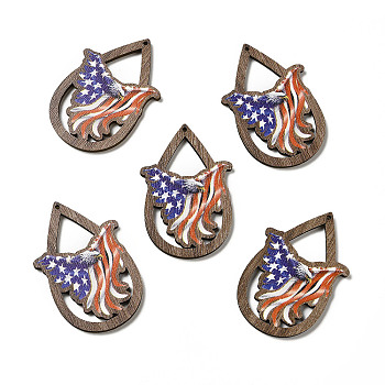 American Flag Theme Single Face Printed Aspen Wood Pendants, Teardrop Charm, Eagle Pattern, 49.5x33x2.5mm, Hole: 1.6mm