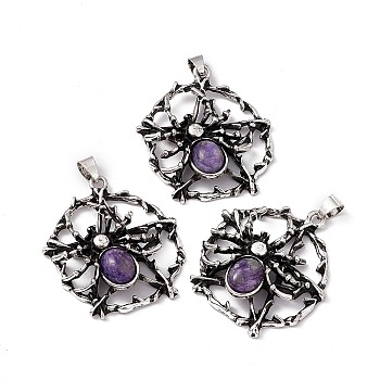 Natural Charoite Pendants, Flat Round with Spider Charms, with Antique Silver Color Brass Findings, 37~38x34~35x9mm, Hole: 5x4mm