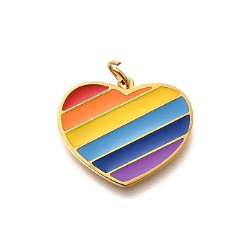 Pride 304 Stainless Steel Enamel Pendants, Rainbow Color, with Jump Ring, Heart, 17x20x1.5mm, Hole: 3.5mm