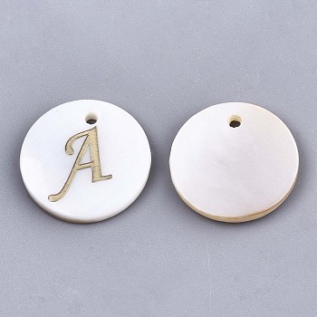 Natural Freshwater Shell Pendants, with Golden Plated Brass Etched Metal Embellishments, Flat Round with Letter, Letter.A, 15x2mm, Hole: 1.2mm