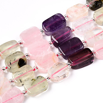 Natural Rose Quartz & Prehnite & Quartz Crystal & Amethyst Beads Strands, with Seed Beads, Rectangle, 11~13x7~10x4~5mm, Hole: 0.8mm, seed beads: 3x3x2, hole: 0.8mm, about 14pcs/strand, 7.80''(19.8cm)