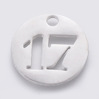 304 Stainless Steel Pendants, Cut-Out, Hollow, Flat Round with Number, Stainless Steel Color, Num.17, 19x1.5mm, Hole: 2.5mm