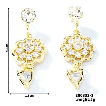 Cute Hollow Out Flower Stud Earrings with Rhinestones, Golden, 43x15mm