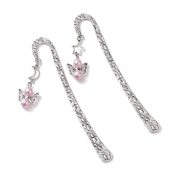 Angel Alloy Hook Bookmarks, with ABS Plastic Imitation Pearl Beads, Antique Silver, Pearl Pink, 124x20x2.1mm, 2pcs/set