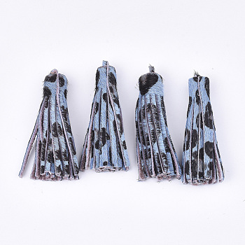 Eco-Friendly Cowhide Leather Tassel Big Pendants, Leopard Print Pattern, Light Sky Blue, 59x9mm, Hole: 1.5mm