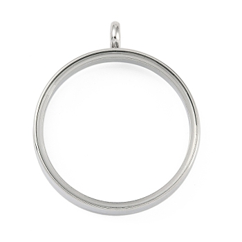 304 Stainless Stee Locket Pendants, with Glass, Flat Round Charm, Stainless Steel Color, 41x34x6mm, Hole: 5mm