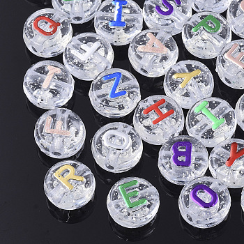Plating Transparent Acrylic Beads, with Glitter Powder, Metal Enlaced, Horizontal Hole, Flat Round with Letter, Mixed Color, 10x6mm, Hole: 1.8mm, about 1580pcs/500g