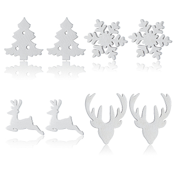 ANATTASOUL 4 Pairs 4 Style Christmas Tree & Deer & Snowflake Exquisite Titanium Steel Stud Earrings for Women, Stainless Steel Color, 8~12.5x9~10mm, Pin: 0.6mm, 1 Pair/style