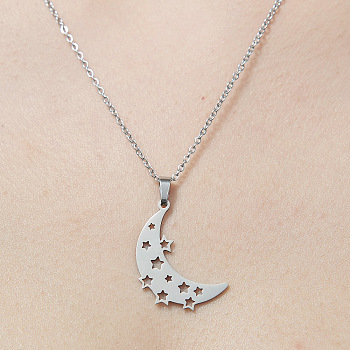 201 Stainless Steel Hollow Moon & Star Pendant Necklace, Stainless Steel Color, 17.72 inch(45cm)