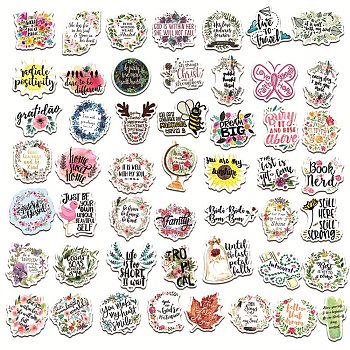 50Pcs Inspirational Paper Cartoon Stickers Set, Adhesive Label Stickers, for Water Bottles, Laptop, Luggage, Cup, Computer, Mobile Phone, Skateboard, Word with Flower, Mixed Color, 28~70x40~72x0.1mm