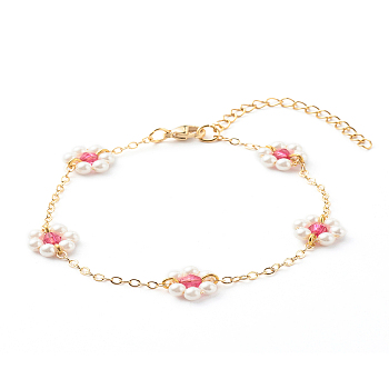 Shell Pearl & Acrylic Beads Flower Link Bracelets, with Brass Cable Chains, Golden, Medium Violet Red, 2mm, 7-1/4 inch(18.4cm)