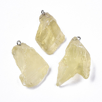 Natural Lemon Quartz Pendants, Rough Raw Stone, with 304 Stainless Steel Loops, Nuggets, 25~45x20~31x10~20mm, Hole: 2mm