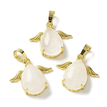 Natural Quartz Crystal Pendants, Teardrop Charms with Golden Tone Brass Wings, Rack Plating, Cadmium Free & Lead Free, 22.5x24.5x9mm, Hole: 7.5x4.5mm