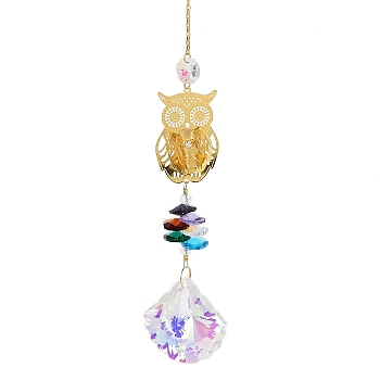 Hollow Alloy Hanging Ornaments, Colorful Glass Octagon Beads & Fan Tassel for Home Garden Decorations, Owl, 345mm, pendant: 173x35mm