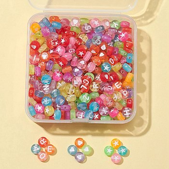 50G Transparent Acrylic Beads, Flat Round with Random Initial Letter & Star & White Heart, Mixed Color, 6.5~7x3.5~4mm, Hole: 1.5~1.8mm