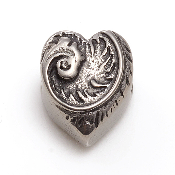 304 Stainless Steel European Beads, Large Hole Beads, Heart, Antique Silver, 14x11.5x10mm, Hole: 5mm