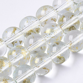 Transparent Spray Painted Glass Bead Strands, with Golden Foil, Round, Clear, 10~11mm, Hole: 1.4~1.6mm, about 39~42pcs/Strand, 14.84 inch~15.27 inch(37.7~38.8cm)