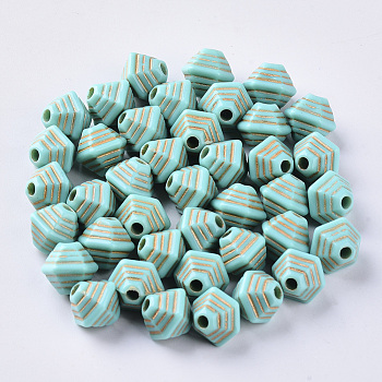 Acrylic Beads, Metal Enlaced, Plating Acrylic Beads, Golden Metal Enlaced, Bicone, Dark Turquoise, 10x11x9.5mm, Hole: 2mm, about 1250pcs/500g
