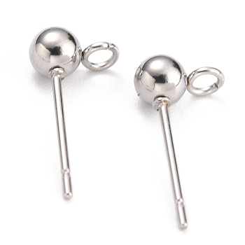 304 Stainless Steel Ball Post Stud Earring Findings, with Loop and 316 Surgical Stainless Steel Pin, Stainless Steel Color, 15x7x4mm, Hole: 1.8mm, Pin: 0.7mm