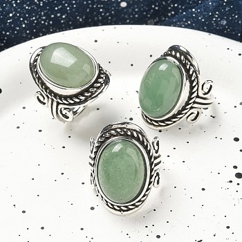 Natural Green Aventurine Adjustable Rings, Lead Free & Cadmium Free, Antique Silver Plated Brass Finger Rings for Women, Oval, 27mm, Inner Diameter: 17mm