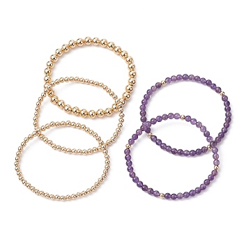 5Pcs 5 Style Natural Amethyst & Brass Beaded Stretch Bracelets Set for Women, Inner Diameter: 2-1/8 inch(5.4cm), 1Pc/style